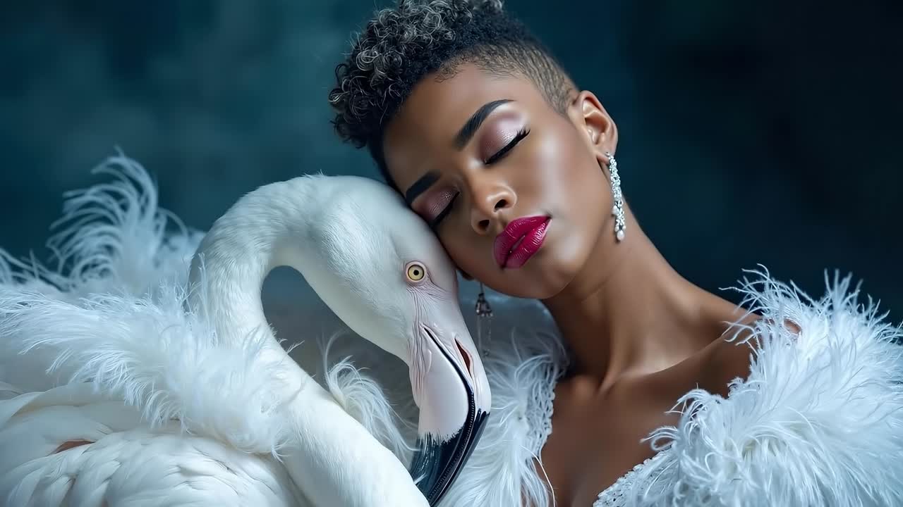 A woman in a white dress with a white swan