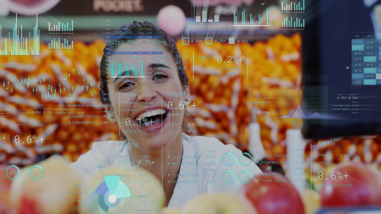 Female vendor smiling, reaching apple, inspecting to sell while finance HUD overlaying, laughing