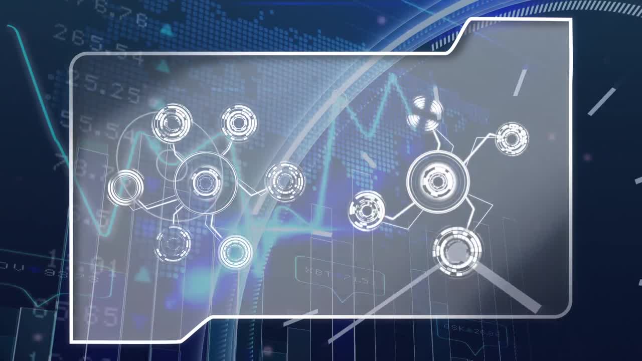 해군 배경의 금융 데이터 위에 아이콘이 있는 디지털 화면의 애니메이션
