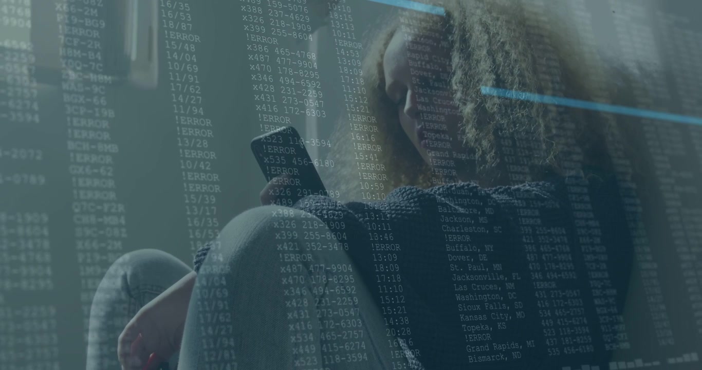 Woman sitting floor looking at phone data overlay appearing number columns and blue lines rising
