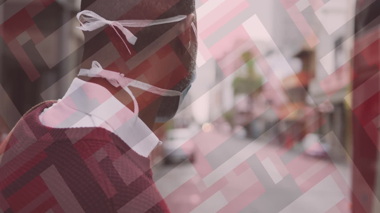 animación del texto de covid-19 sobre un hombre afroamericano que lleva una máscara facial