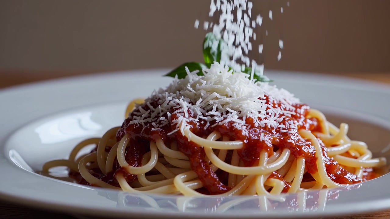 Parmigiano grattugiato che cade sugli spaghetti al sugo di pomodoro