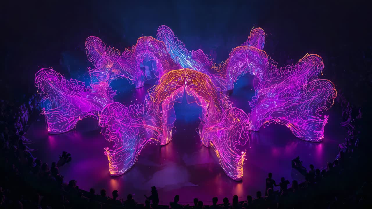 Starting lighting console, neon light sculpture pulsing on theater stage, executing loop with haze