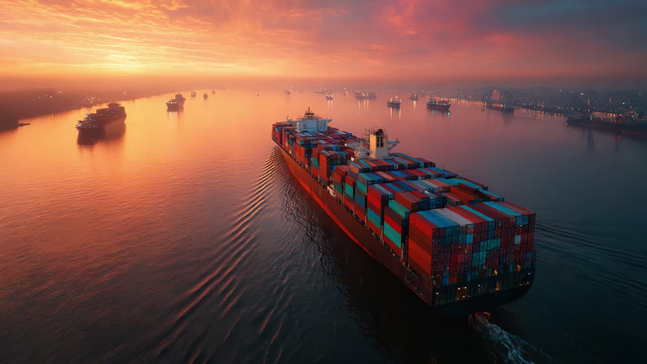 A Majestic Container Ship Navigating Through Serene Waters Under a Beautiful Sunset, Surrounded by Other Vessels in a Colorful Background