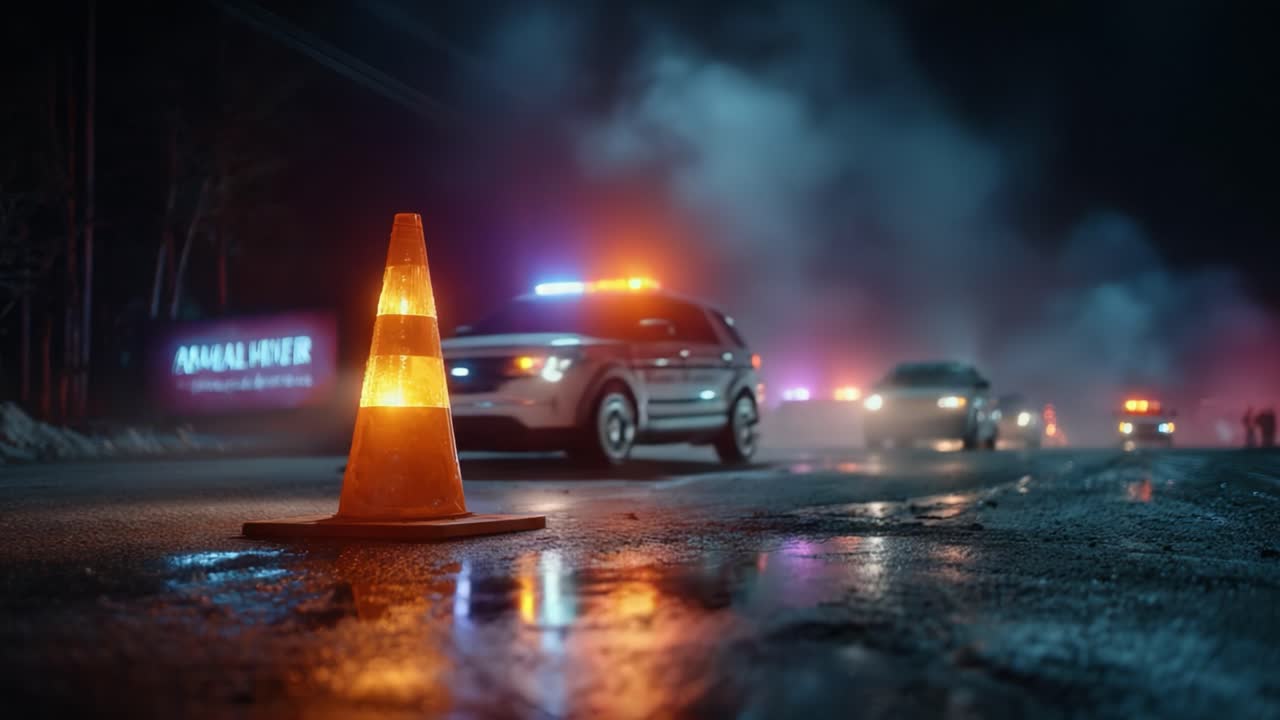 Nighttime Scene with Emergency Vehicles and Warning Cone on the Road, Highlighting a Potential Incident and Public Safety Alert in a Misty Atmosphere