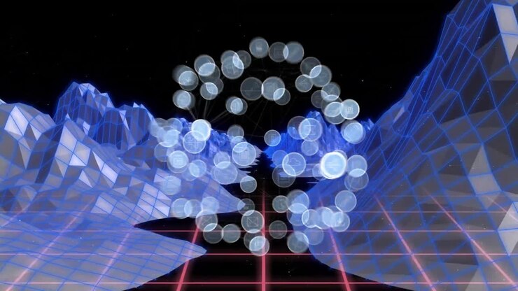 Animation of connections over metaverse landscape on black background