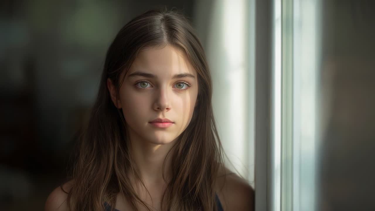 Standing teen reacting to home window light, blinking, tilting, wearing studs, dark tank