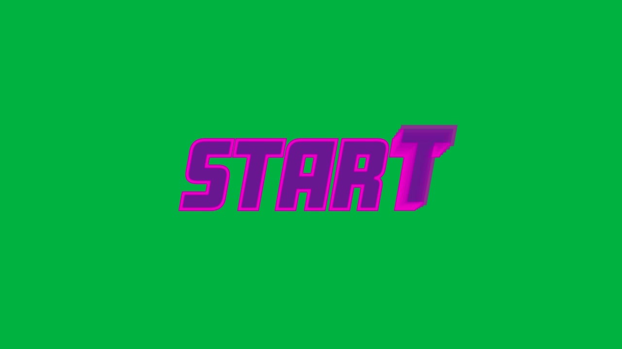 Entering upper-left START sliding stacked copies to center forming neon title on transparent canvas