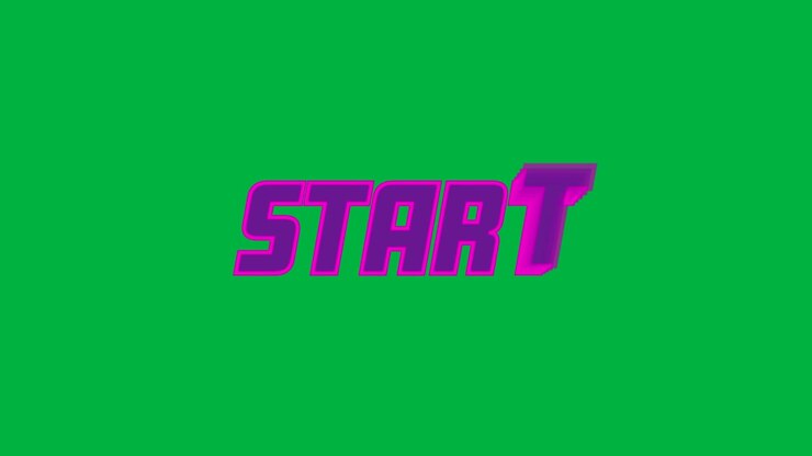 Entering upper-left START sliding stacked copies to center forming neon title on transparent canvas