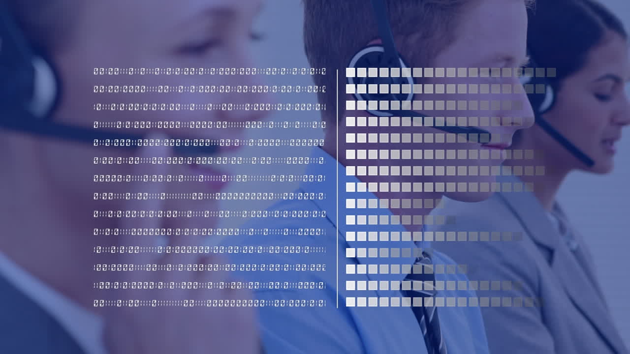 Animation of binary coding and data processing over business people using phone headsets
