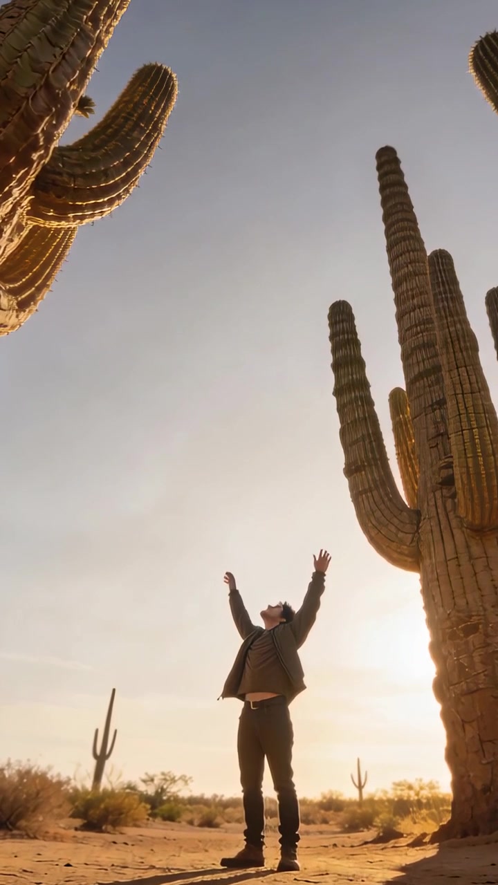 Video verticale: Uomo con la giacca scura che alza le braccia, reagendo al sole basso nel deserto vicino a cactus saguaro.