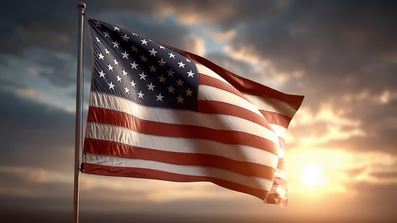 En Majestætisk Fremvisning af Det Amerikanske Flag, Der Vajer Stolt Mod en Dramatisk Himmel og Symboliserer Enhed, Frihed og National Identitet Midt i Solnedgangens Gyldne Skær