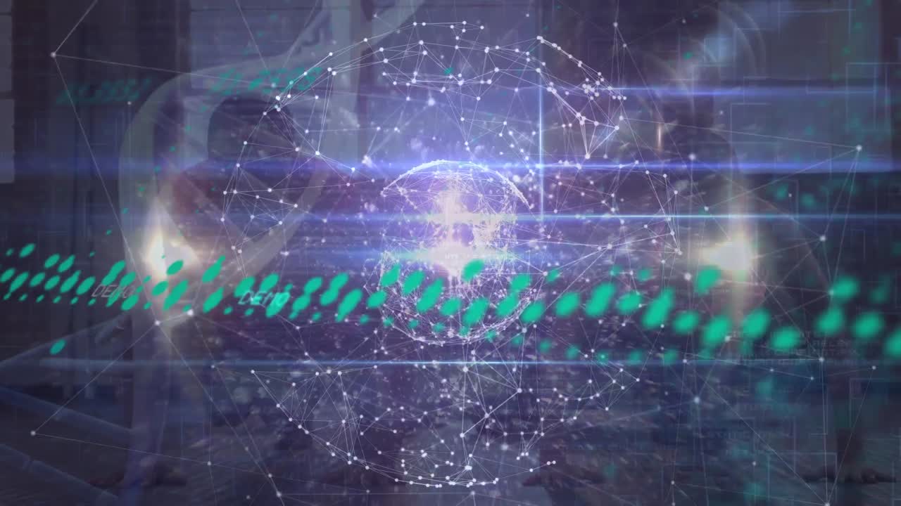 animación de gráficos sobre conexiones y globo sobre personas que trabajan