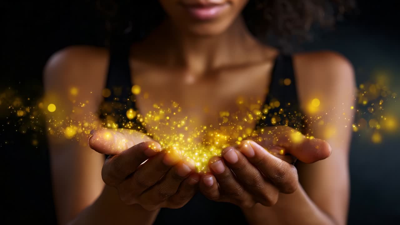 In an enchanting display of wonder and illumination, a person gently cradles a mesmerizing burst of golden light and sparkles in their hands, symbolizing hope, creativity, and the magic within each of us