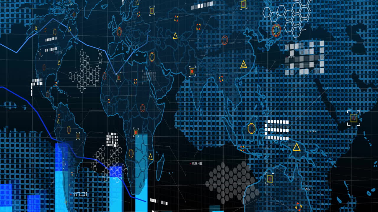 데이터 포인트와 그래프를 가진 세계 지도, 글로벌 데이터 분석 애니메이션