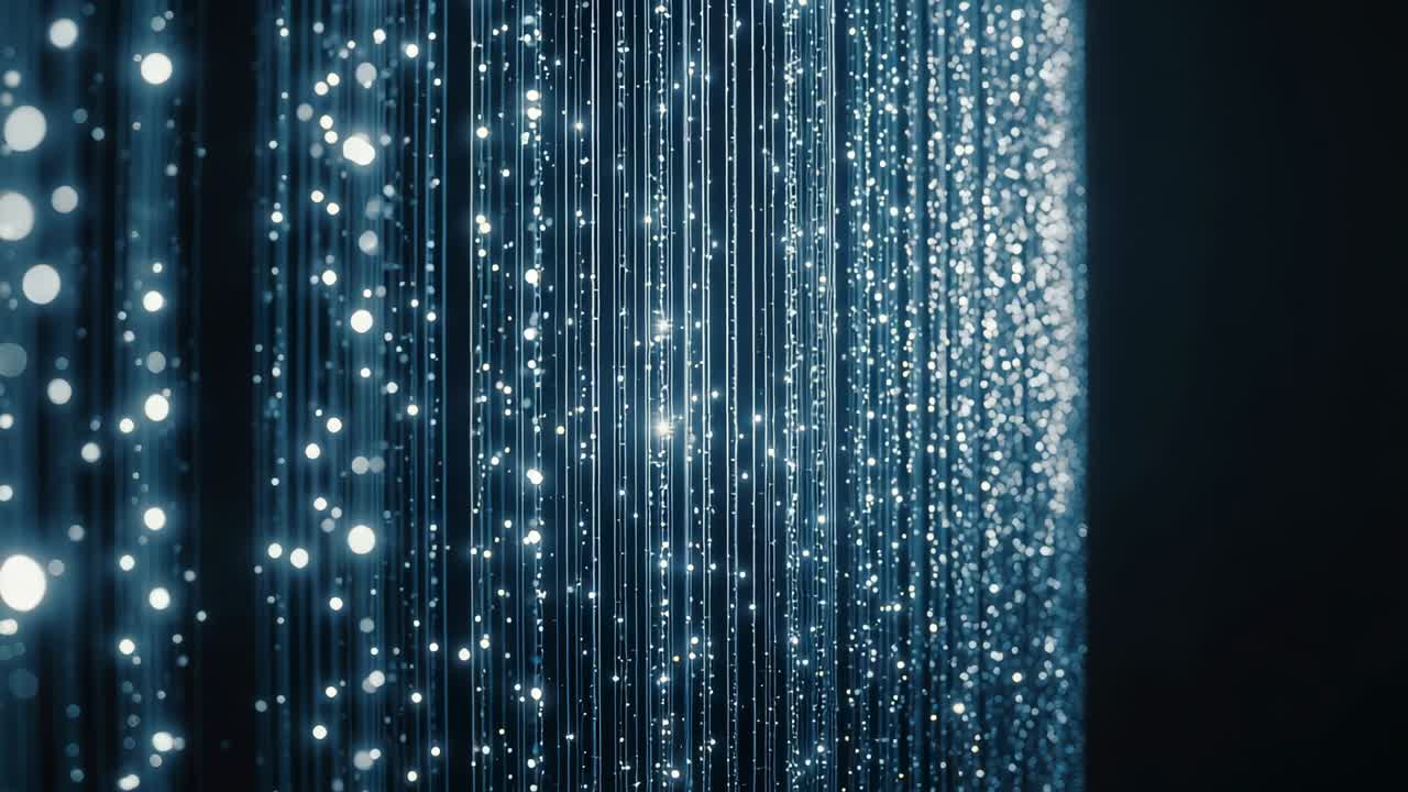 Camera shifting revealing dense vertical light strands in dark studio to show twinkling LED nodes