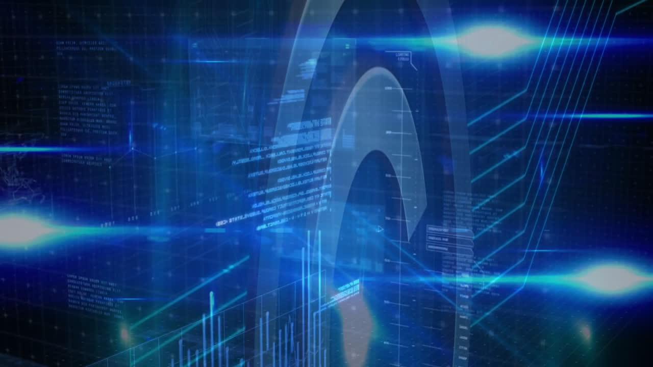 Glowing blue lines and geometric patterns in futuristic digital animation interface