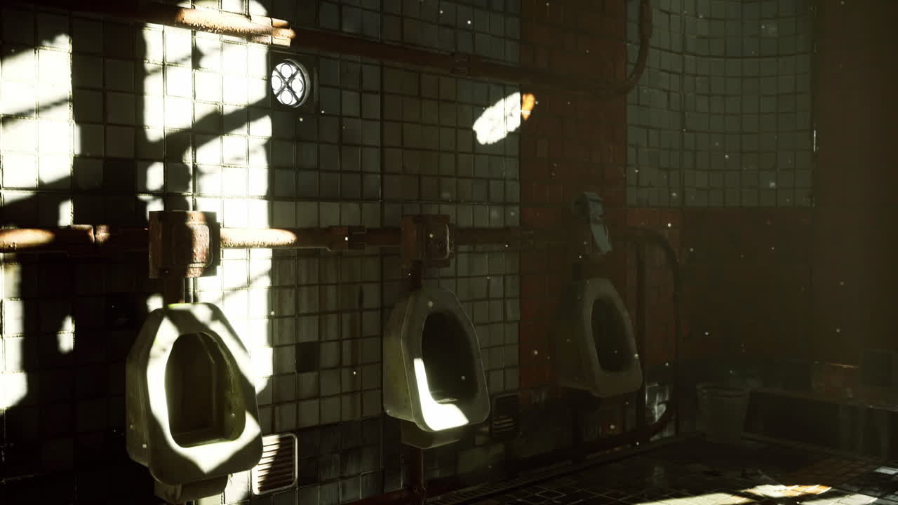 Industrial restroom with natural light illuminating tiles and fixtures