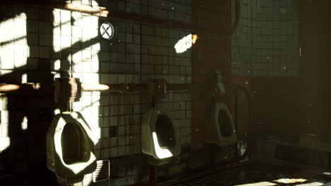 industrial restroom with natural light illuminating tiles and fixtures
