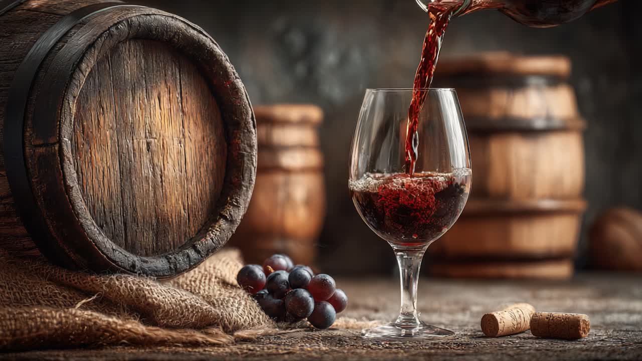 Uma jornada visual pela arte da fabricação de vinho: momentos cativantes de vinho tinto e escuro sendo servido em taças cercadas por barris rústicos e uvas