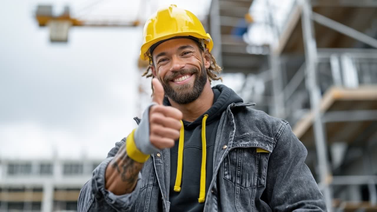 Confident male construction worker in yellow hard hat smiling with arms crossed at building development site