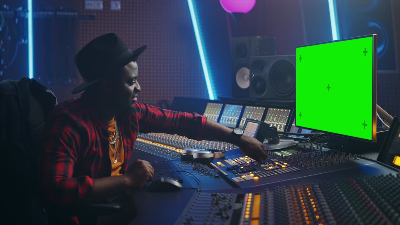 Ritratto di elegante ingegnere del suono / produttore che lavora in uno studio di registrazione musicale, utilizza un computer con schermo verde, un mixer, un banco di controllo per creare una nuova canzone. Artista nero creativo balla mentre è seduto