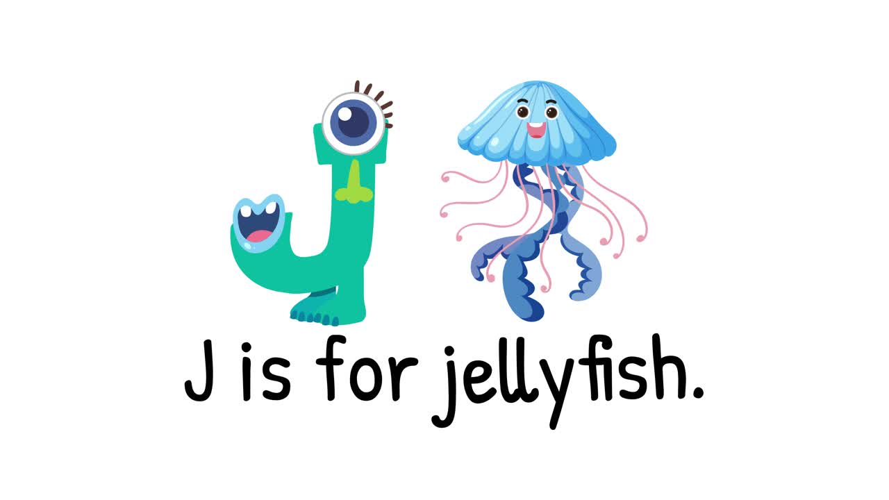 Playful animation of letter J transforming into a jellyfish with vibrant colors and whimsical characters