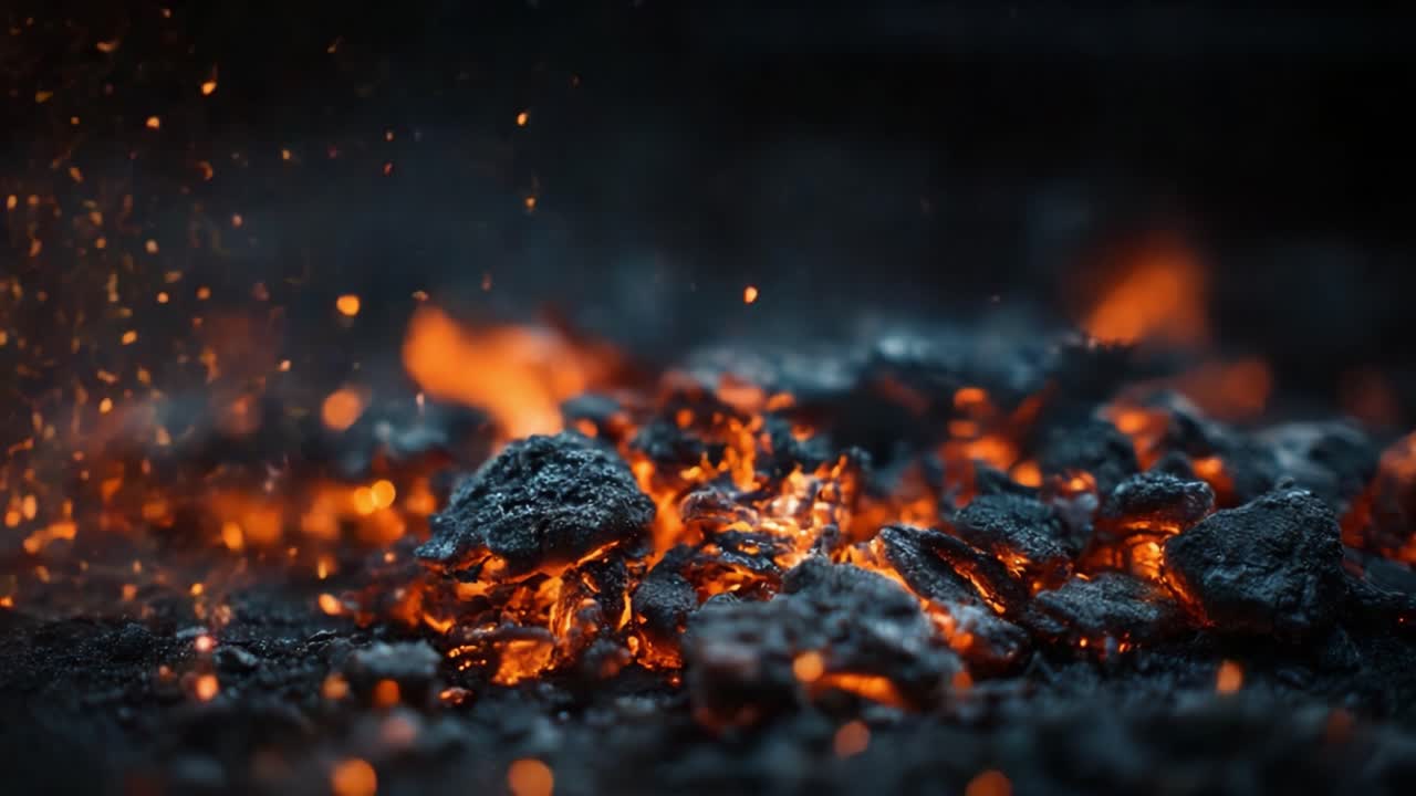 Captivating Glimpses of Glowing Embers: A Close-Up of Simmering Ash and Fiery Sparks in an Intimate Night Scene