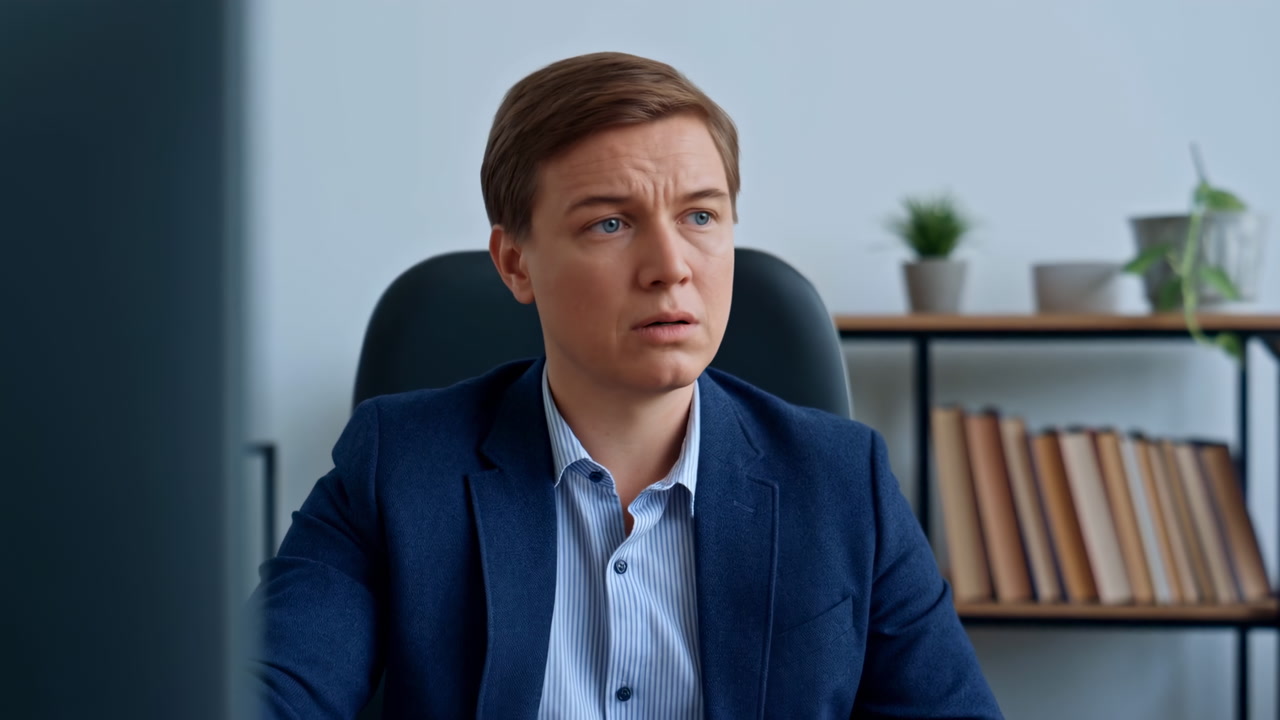 Man At Desk Watching Monitor In Tense Remote Video Interview Male Executive In Navy Suit Sits In Modern Office