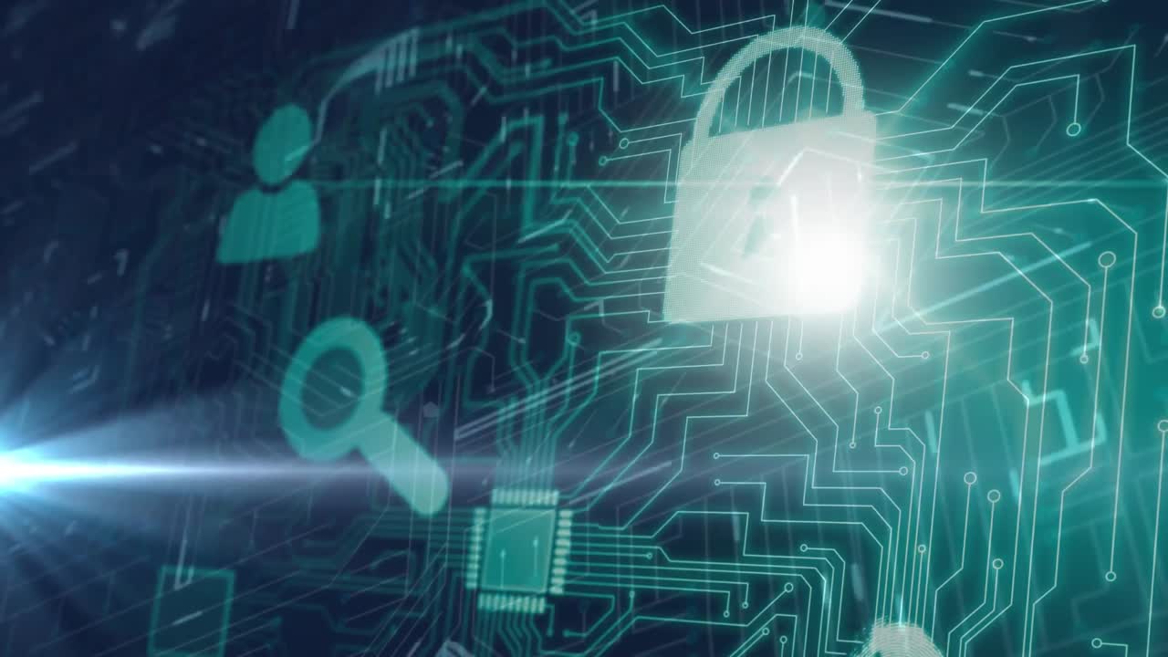 Animation of online security padlock with data processing on computer circuit board