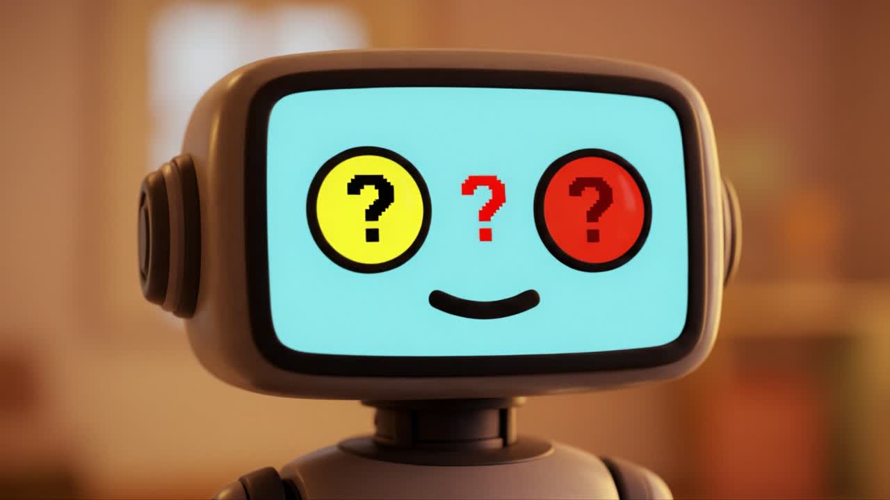 A Curious Robot Transitions Through Emotions, Featuring a Playful Display of Expressions with Colorful Icons, Inviting Interaction and Imagination