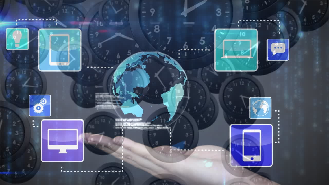 animación del procesamiento de datos, iconos y globo sobre la mano y múltiples relojes moviéndose rápidamente