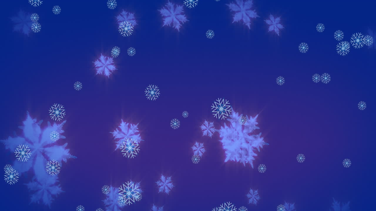 Animation of snowflakes icons falling over blue background with copy space