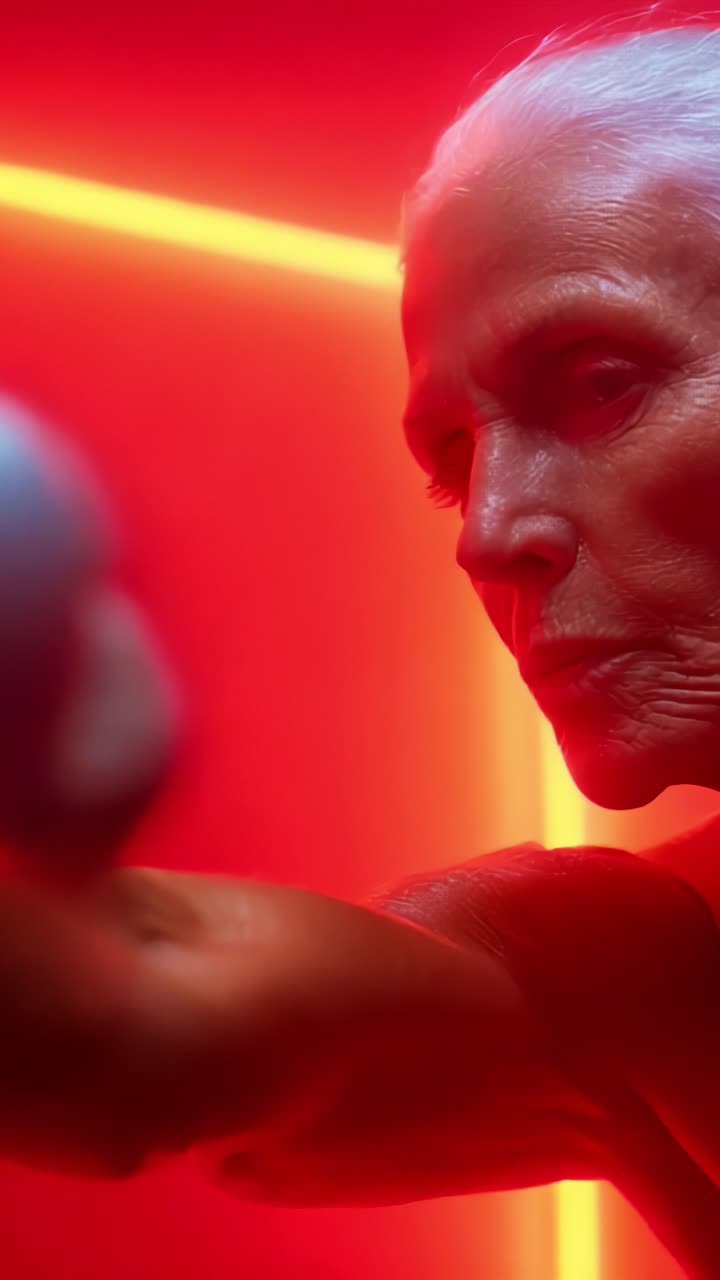 Resilienza potenziata: un'anziana dinamica che dimostra forza e concentrazione in un sorprendente contrasto di luci e ombre durante una sessione di boxe
