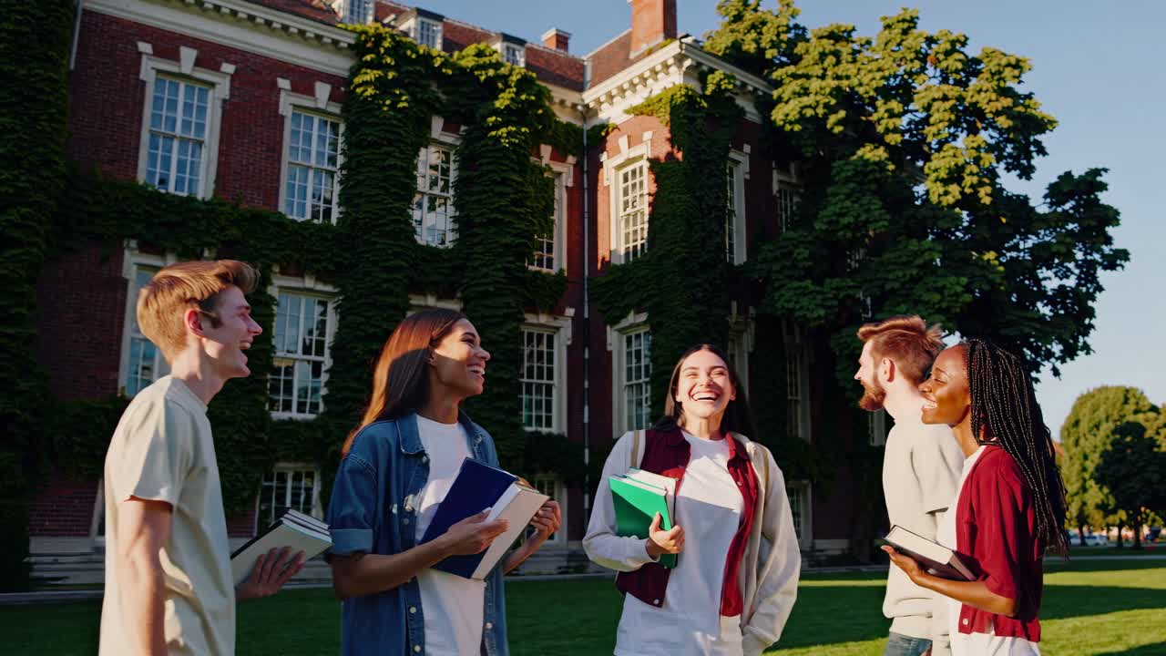 Glade studenter på universitetsområdet