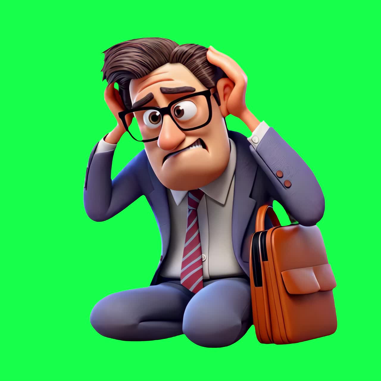 Animação de um empresário de desenho animado estressado sentado, vídeo 4K transparente, tela verde