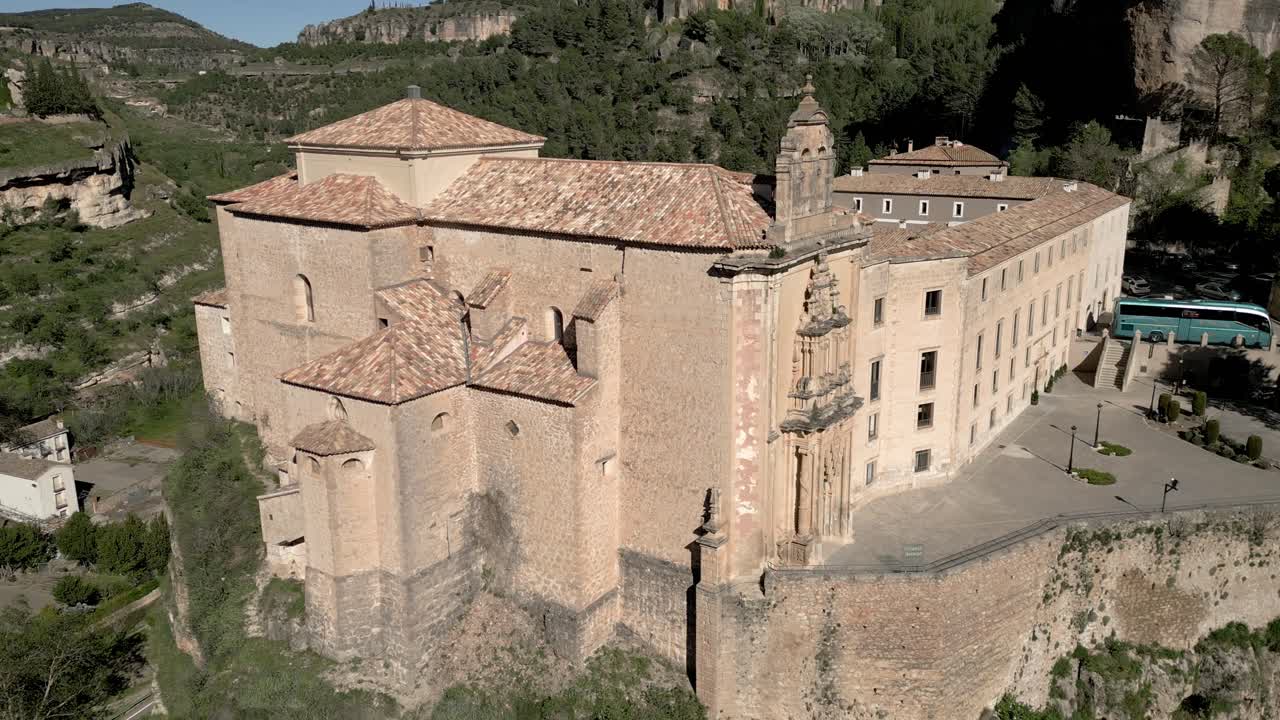 National Parador of Cuenca. Hanging houses. Aerial view of the parador next to Casas Colgantes. Convent of San Pablo. Cuenca. Spain.