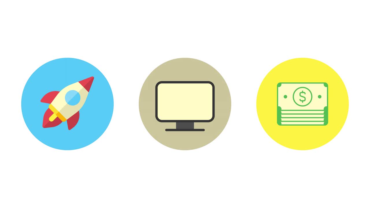 비즈니스 아이콘 로켓 모니터와 비즈니스 그래프 돈, 애니메이션 아이콘, 투명한 배경