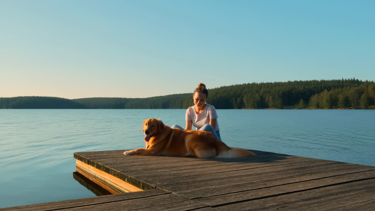 Frau streichelt Golden Retriever Hund auf einem Holzsteg am See
