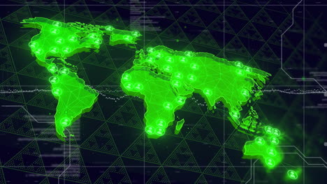 global network connections animation over world map with green nodes