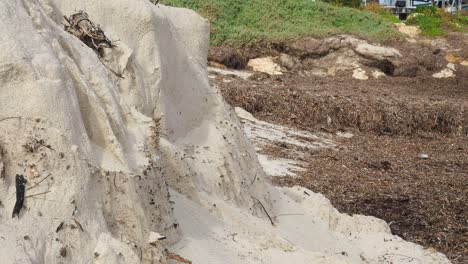 el banco de arena de la playa erosionada se derrumba cuando el hombre en jeans baja