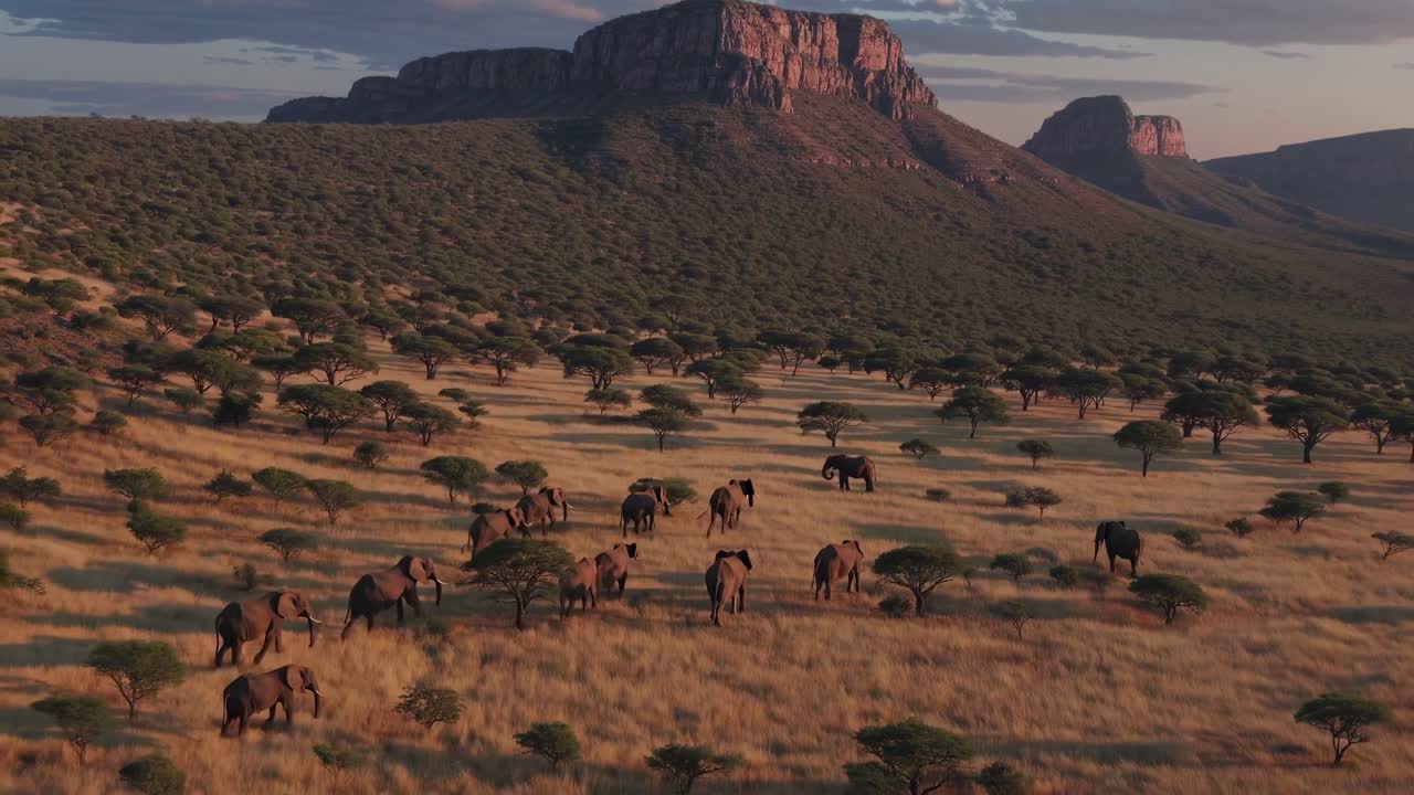 Video aereo che riprende una mandria di elefanti che vaga in una vasta savana, con montagne imponenti