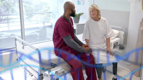 animation of dna strands over diverse male doctor and senior female patient talking at hospital