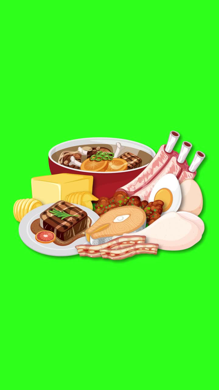 Diversos alimentos da dieta carnívora aparecem e se montam gradualmente, isolados em um fundo de tela verde vibrante