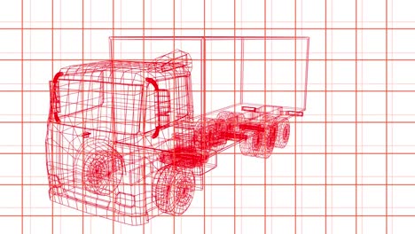 animación de un dibujo de coche en 3d girando en una cuadrícula roja sobre un fondo blanco