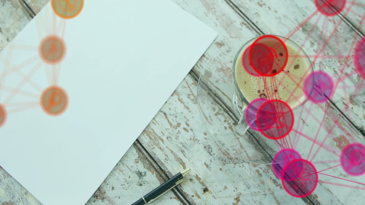 Camera panning rightward paper drifting and mug shifting while nodes pulsing, highlighting clusters