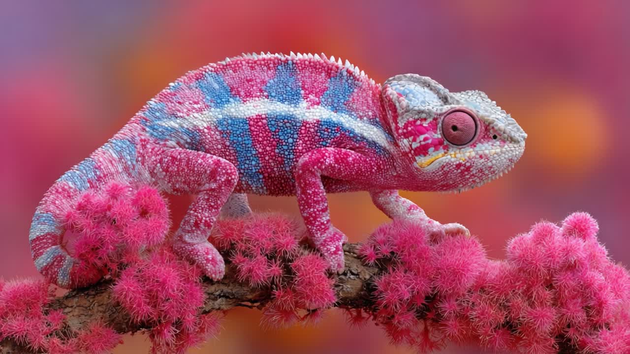 A Colorful Chameleon Camouflaging Amidst Vibrant Pink Flora, Showcasing Its Stunning Texture and Unique Patterns in a Captivating Natural Habitat