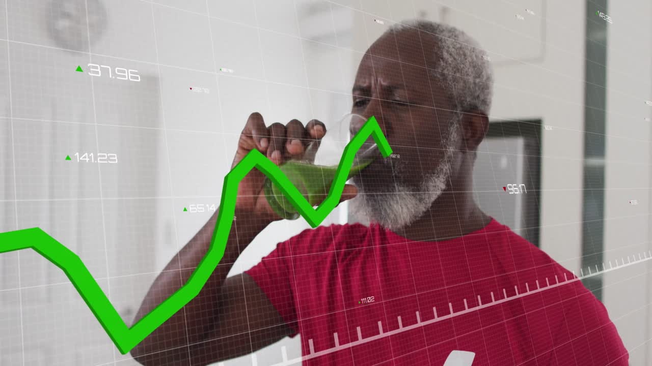 Animation of data processing over senior african american man drinking healthy drink