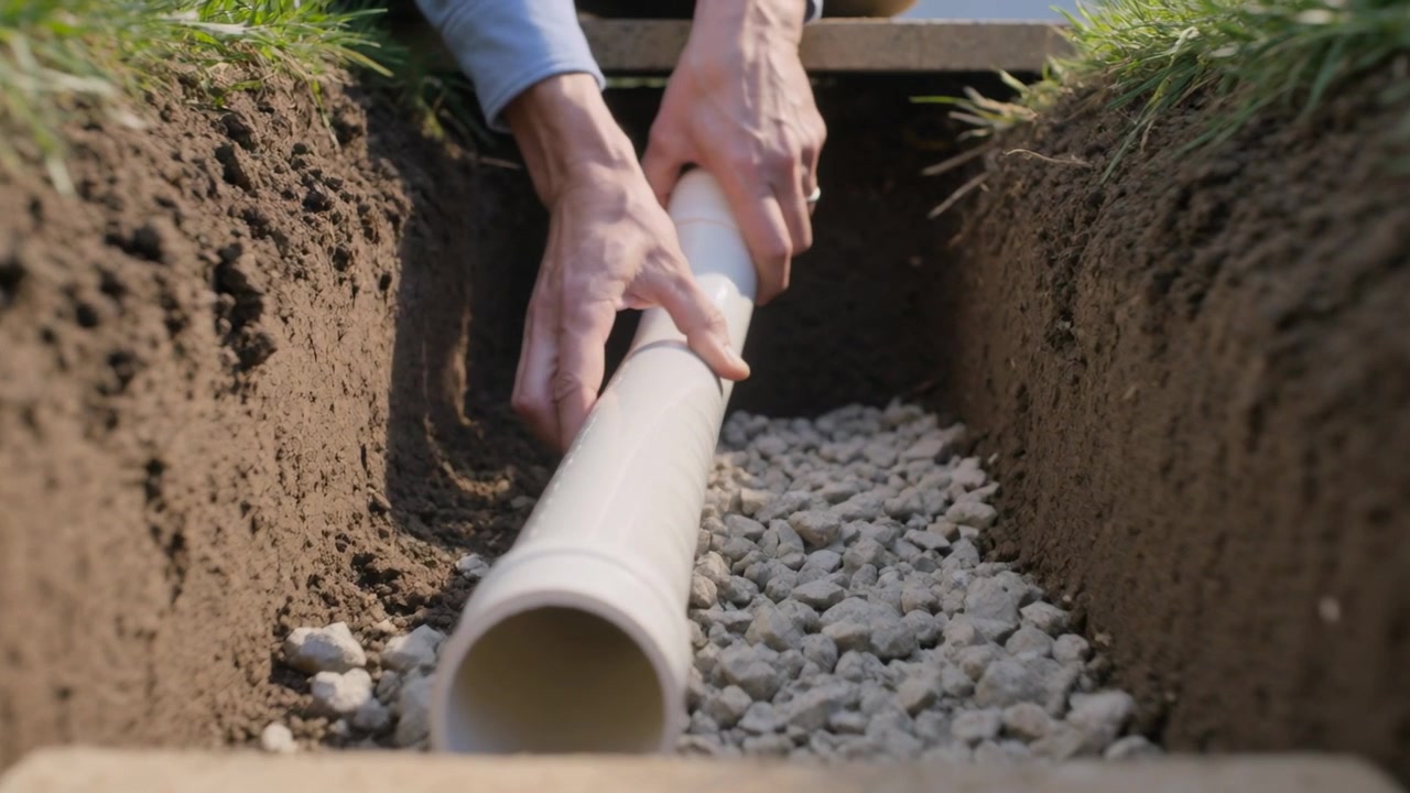 Holding pipe near trench, hands in blue shirt installing white PVC into gravel bed for drainage