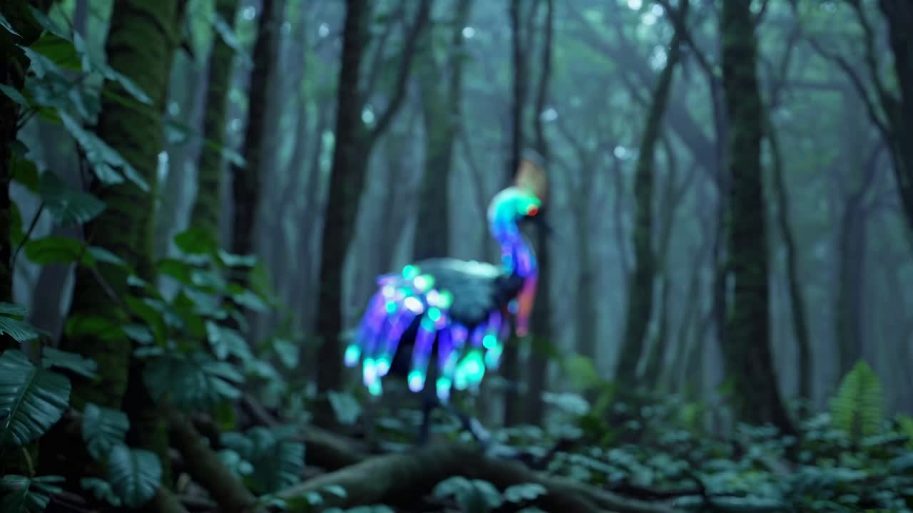 Uccello luminoso in una foresta mistica